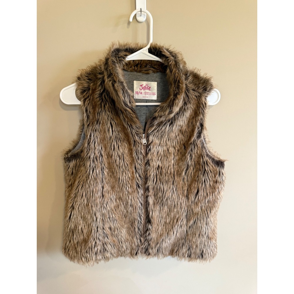 Justice Girls Faux Fur Vest Hooded‎ Zip Front Kids Size 12 14 Brown